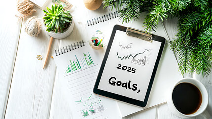 Workspace with tablet showing 2025 goals, charts, and greenery, inspiring productivity