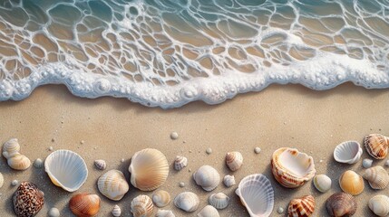 Seashells on Sandy Beach with Ocean Waves
