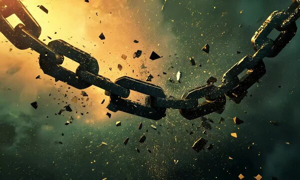 Dramatic Breakage of Heavy Metal Chain Against a Fiery Background Symbolizing Freedom, Power, and the Destruction of Boundaries in a Stunning Visual Display with ai generated.
