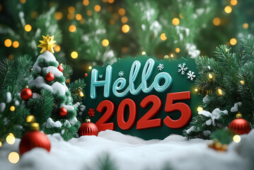 Poster 3d banner, text "hello 2025" snowy trees background. Greeting illustration visualization