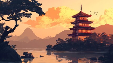 Majestic Japanese pagoda showcasing cultural heritage with intricate details, vibrant colors, and traditional design elements amidst serene landscape