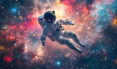Astronaut floating in zero gravity in Christmas space
