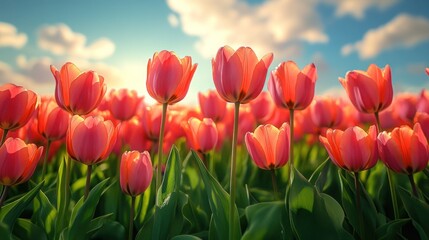 Obraz premium Vibrant coral tulips in a field at sunset.