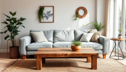 Bright living room features grey sofa, rustic wooden coffee table, natural plants. Cozy earthy tones complement textured accents. Natural light fills space creating calm, inviting atmosphere. Stylish