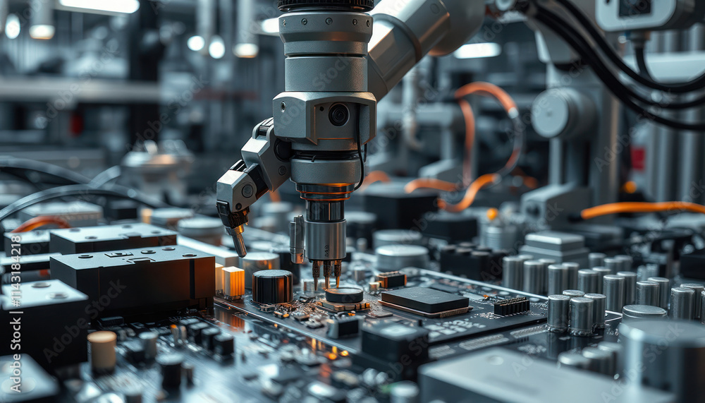 Poster robotic arm precisely places component on electronic circuit board. advanced tech in modern factory.