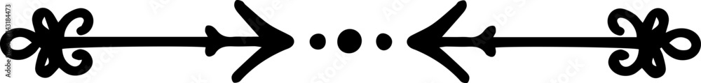Poster double sided arrow with decorative swirls and three dots separating the opposite directions, ideal f