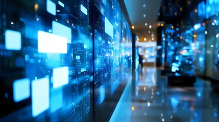 A futuristic hotels interactive art gallery featuring AI-curated exhibits.