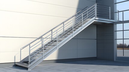 Fototapeta premium A metal stair structure made of stainless steel serves as a stairway to a building corridor outdoor stairs, industrial stairs, fire escape stairs