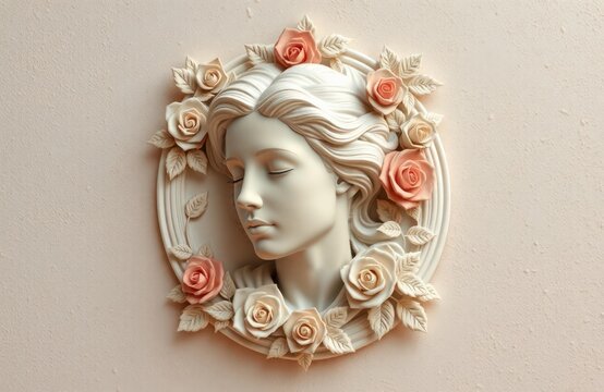 Elegant female bust bas-relief decorates textured wall. Sculpted figure with flowing hair, peaceful expression. Decorative roses frame artwork. Antique style adds historical touch. Interior