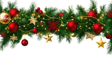 Fototapeta premium Border with green fir branches, gold stars, red balls, lights isolated on transparent background. Pine, xmas evergreen plants seamless banner.