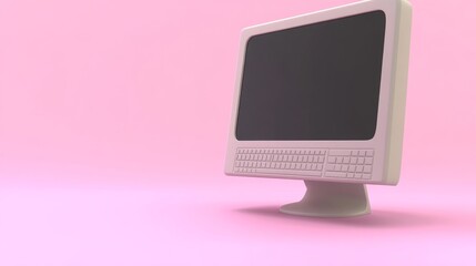 A retro pink computer featuring a vintage screen and keyboard in a minimalist environment.