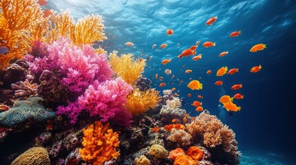 Obraz premium Vibrant coral reef teeming with colorful fish and diverse marine life under sunlit ocean water.