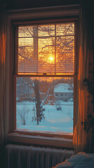 Ventana de vivienda desde la cual se ve una calle nevada
