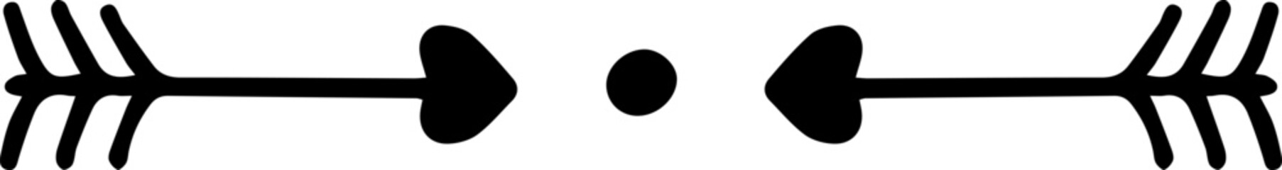 Double sided hand drawn arrow symbol featuring heart shaped wings and a central dot, embodying themes of duality, connection, and decision making in a unique design