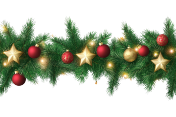 Border with green fir branches, gold stars, red balls, lights isolated on transparent background. Pine, xmas evergreen plants seamless banner.