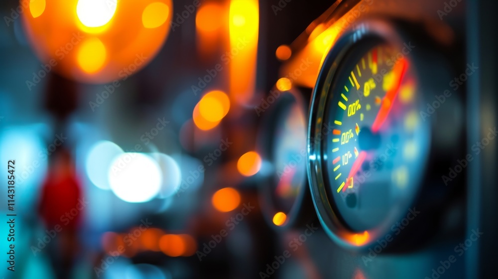 Poster a detailed close-up of a pressure gauge displaying vibrant colors, illuminated by soft glowing bokeh