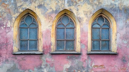 Obraz premium Weathered church wall featuring three ornate gothic windows with peeling paint and historical charm. Ideal for architecture and heritage themes.