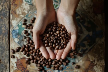 A closeup of raw coffee beans held in hands against a rustic and beautiful background