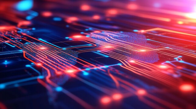 Glowing digital circuits on a technological map of South America