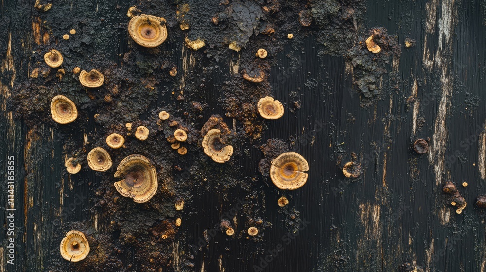 Poster cluster of unique mushrooms growing on decaying wood showcasing their intricate patterns and texture