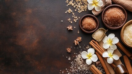 Fototapeta premium Cinnamon body scrub ingredients arranged on dark textured background with flowers and sugar bowls for spa or wellness concept.