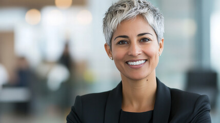Obraz premium Confident business professional smiles in modern office during a busy workday