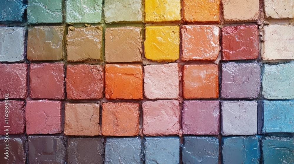 Poster colorful textured cinder block wall with artistic color shifts creating a vibrant and abstract backg