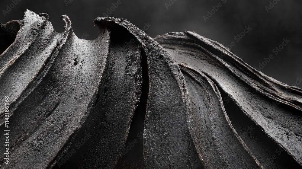 Poster textured abstract layers of dark material resembling soot or charcoal against a blurred background c