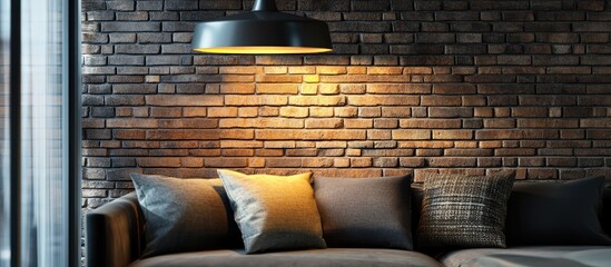 Stylish living room with contemporary brick wall elegant lamp and decorative pillows creating a modern interior design atmosphere