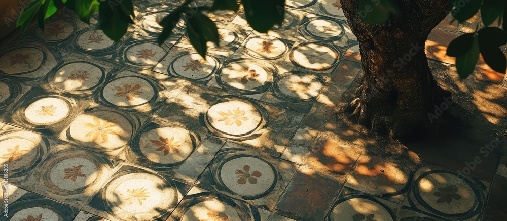 Poster decorative floor tiles illuminated by dappled sunlight under a lush tree creating an inspiring desig