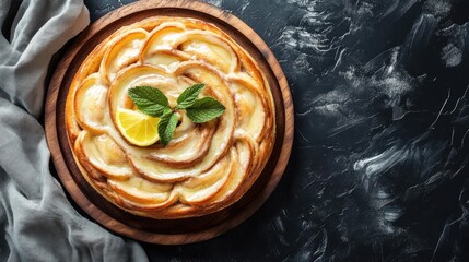 Delicious cinnamon rolls topped with lemon glaze garnished with fresh mint on a wooden plate against a dark background.
