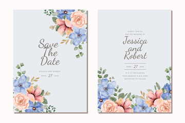 blue pink floral watercolor frame wedding invitation card