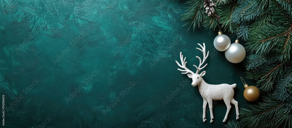 Poster christmas decor featuring a white deer and ornaments on a deep green backdrop with empty space for t