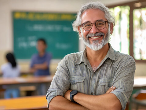 Feliz profesor senior se encuentra en el aula