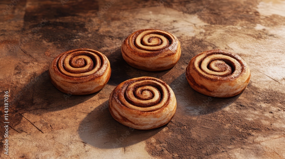 Poster cinnamon rolls arranged on rustic surface showcasing texture and deliciousness for culinary and bake