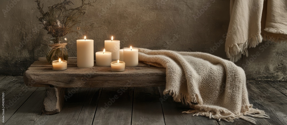 Poster cozy aroma candles arranged on a rustic table with a soft wool blanket creating a warm and inviting 