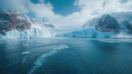 Antarctic glacial landscape, serene blue water, snow-capped mountains, icebergs.