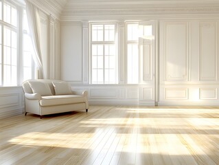 Sunlit room with beige sofa, hardwood floor, and classic white walls and trim.