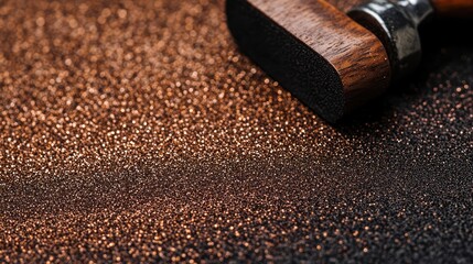 Coarse 120 grit sandpaper with wooden sanding block for woodworking and DIY projects background materials.