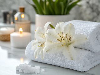 Toallas en un spa con flores y velas mostrando relajación