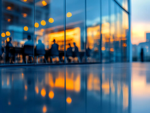 Gente de negocios borrosa reunida en la sala de conferencias del moderno edificio de oficinas