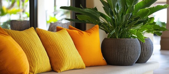 Vibrant contemporary living room with yellow and orange pillows and lush green plant in stylish basket for home decor inspiration