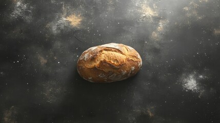 Artisan ciabatta bread positioned on a textured grey background with scattered flour for a rustic culinary aesthetic.