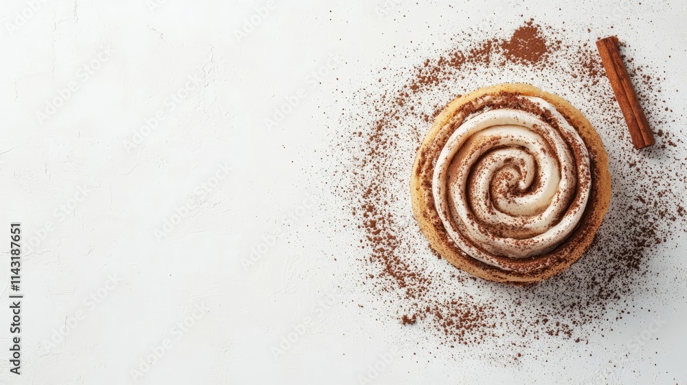 Poster cinnamon roll topped with frosting and dusted with cocoa powder on a clean white background for deli