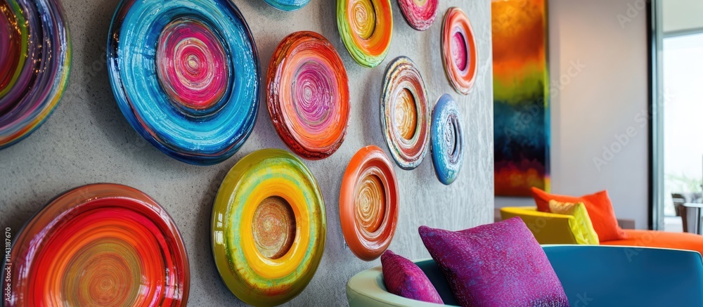 Poster vibrant circular wall art adding a touch of creativity and warmth to modern interior spaces with col