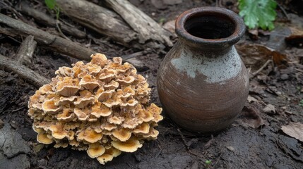 Mature Honey Fungus Cluster by Ceramic Chimney Pot in Ancient Woodland Setting