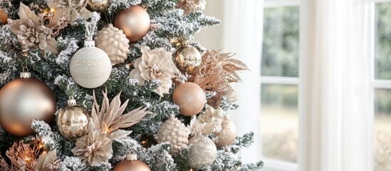 Elegantly decorated Christmas tree close-up featuring shimmering ornaments and festive lights ideal for holiday celebrations and decor.