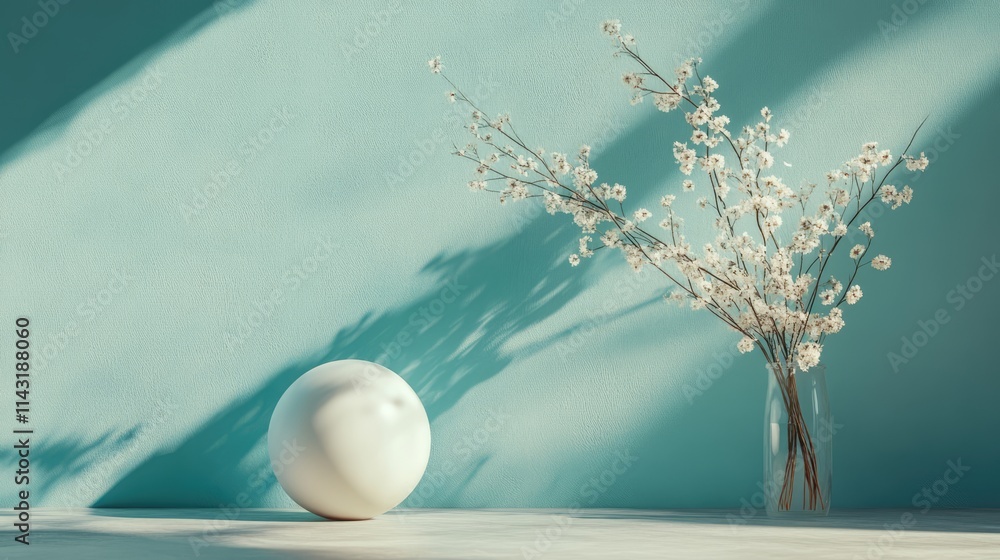 Poster minimalist composition featuring a white spherical object and delicate flowers in a vase against a s