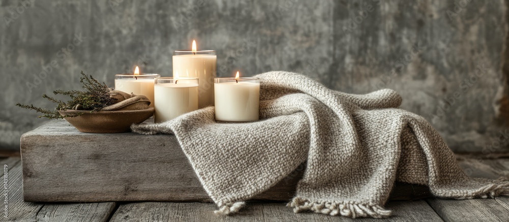 Poster cozy aroma candles on a rustic table with a wool blanket creating a warm and inviting home atmospher