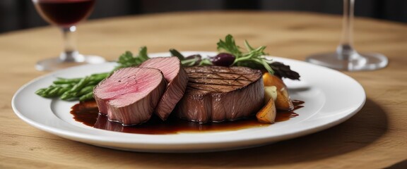 Seared fillet steak, glass of Cabernet Sauvignon, juicy, glass, bottle